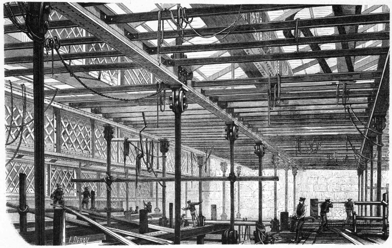 État actuel des travaux du nouvel Opéra. — Le troisième gril, au dessus de la scène. — D’après les photographies de MM. Delmraet et Durandelle.