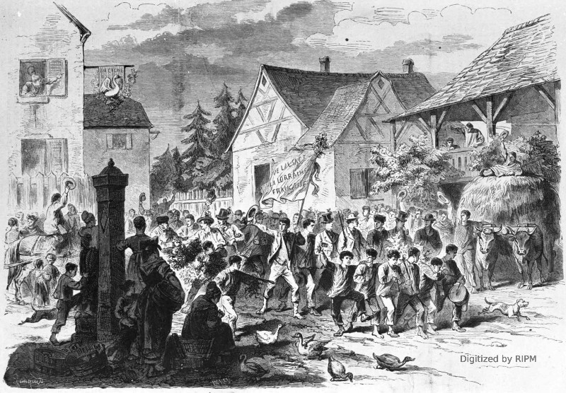 La conscription en Alsace. — Départ des conscrits de Didenheim (environs de Mulhouse) pour le tirage au sort dans un village français. — Dessin d’après nature par M. Darjou.