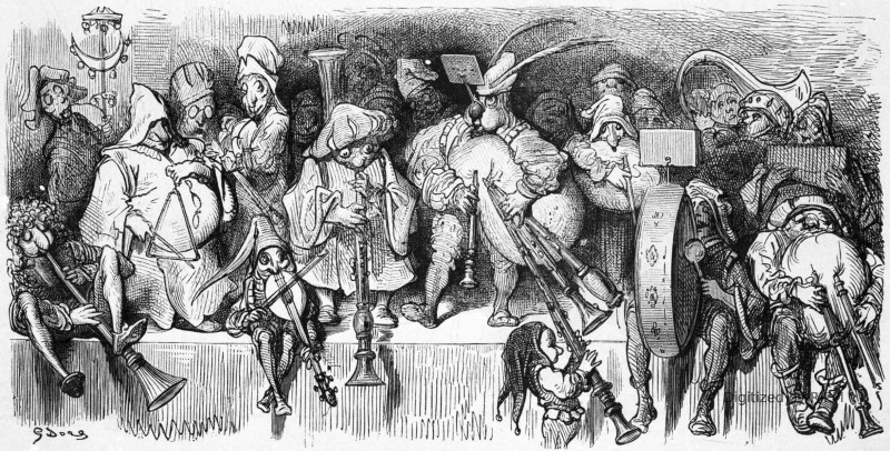 Gravures extraites des <em>Œuvres de Rabelais</em> , illustrées par Gustave Doré (Garnier frères, éditeurs). L’orchestre pendant le souper donné à Pantagruel par la reine de Lanternois.