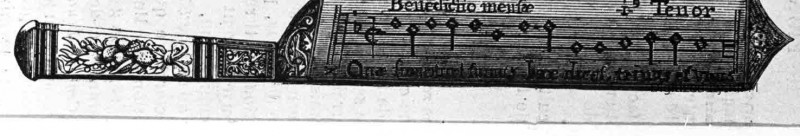 [Gravure extraite de <em>la Vie militaire au moyen âge</em>, par Paul Lacroix. Couteau orné de notation musicale.]