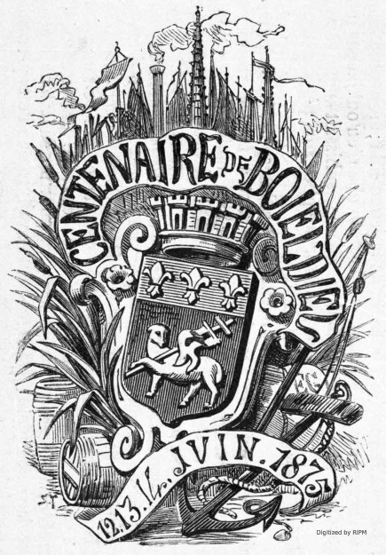 [Fêtes de Rouen données à l’occasion du centenaire de Boïeldieu, les 13, 14, 15 et 16 juin 1875. — Décoration des principaux quartiers de la ville. — D’après les croquis de M. Gaildrau. Emblème des fêtes.]