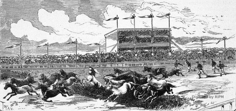 [Le centenaire de Rameau à Dijon. D’après les croquis de M. Chapuis.] Course de chevaux en liberté.