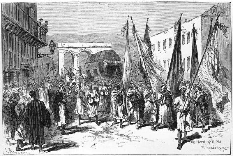 Algérie. — Arrivée à Tlemcen du chérif Sidi El-Hadj Abd-es-Selam, ambassadeur du Maroc. — D’après les croquis de M. Guérin.