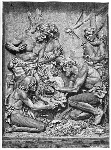 [Le concours des prix de Rome à l'École des Beaux-Arts. Bas-relief de M. Cordonniere, grand prix de sculpture.] Bergers trouvant la tête d'Orphée sur les bords de l'Hèbre.