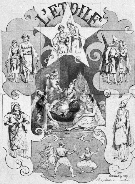 Théâtre des Bouffes-Parisiens. <em>L’Étoile</em>, opérette en trois actes, de MM. Leterrier et Vanloo, musique de M. Chabrier. 1. L’astrologue tirant l’horoscope de Lazuli. — 2. La princesse Laoula et l’ambassadeur Hérisson. — 3. Aloès et Tapioka. — 4. Lazuli entouré des dames de la cour. — 5. Le roi Ouf Ier. — 6. Son astrologue. — 7. Duel du roi Ouf et de l’ambassadeur Hérisson.