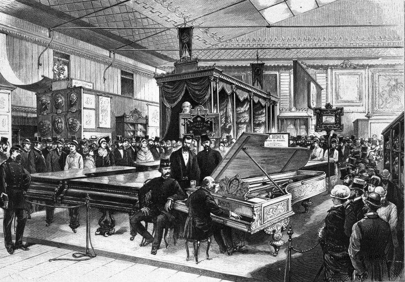 Les pianos Becker, de Saint-Pétersbourg, à l’Exposition universelle. Le schah de Perse assistant à une des auditions données par le pianiste-compositeur D. Magnus.