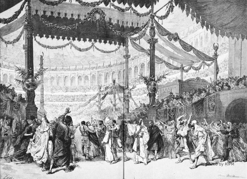 Théâtre de l’Opéra. — <em>Polyeucte</em>, opéra en cinq actes, paroles de MM. Jules Barbier et Michel Carré, musique de M. Gounod. Polyeucte et Pauline marchant à la mort. — Acte V, scène dernière, décor de M. Lavastre.