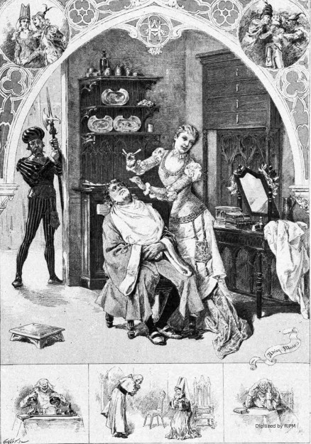 Théâtre de la Renaissance. — <em>Héloïse et Abélard</em>, opéra-comique en 3 actes, par MM. Clairville et Busnach ;  musique de M. Litoff. 1. Eginhard et Bertrade. — 2. Les troubadours. — 3. Héloïse faisant la barbe à Abélard (sujet central). — 4. Fulbert à table. — 5. Fulbert et Abélard déguisé en chanoinesse. — 6. Fulbert.