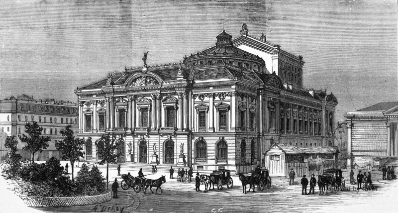 Le nouveau théâtre de Genève, inauguré le 2 octobre 1879. D’après un croquis de M. André Champod. .