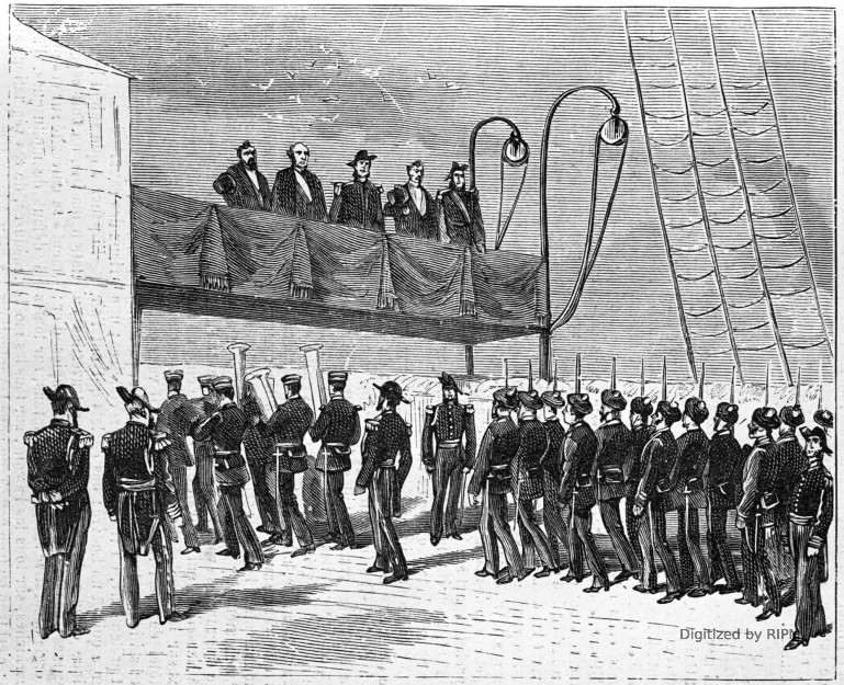 Le défilé des marins à bord du Suffren. Dessins et croquis de M. Mas, envoyé spécial de l'Illustration.