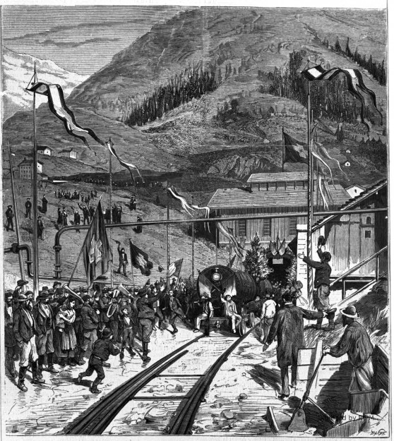 Arrivée à Airolo du premier train amenant les invités venus de l’extrémité opposée du tunnel. Dessin d’après nature de M. Pellicer, envoyé spécial de l'Illustration.