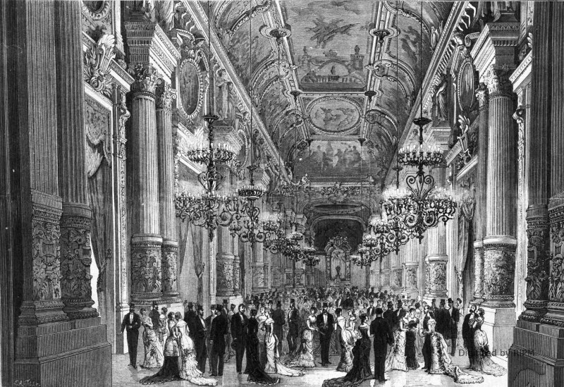 Le foyer de l’Opéra éclairé à la lumière électrique (système Edison).