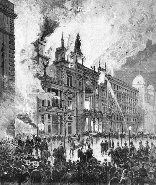 L’incendie du Ring-Theater, à Vienne, dans la soirée du 6 décembre. D’après un croquis de M. L. Petrovits, correspondant particulier de l'lllustration.