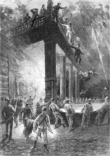 L’incendie du Ring-Theater : Le sauvetage à la couverture. D’après un croquis de M. L. Petrovits, correspondant particulier de l'Illustration.