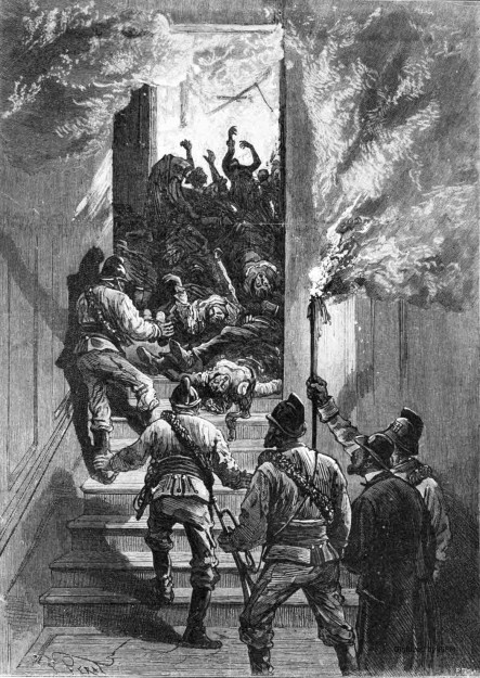 L’incendie du Ring-Theater : L’entrée de la 3e galerie. D’après un croquis de M. L. Petrovits, correspondant particulier de l'Illustration.