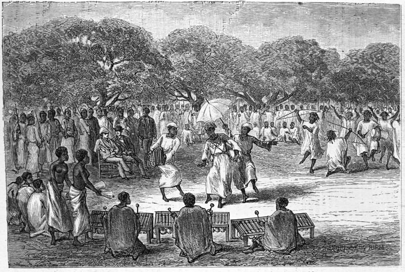 [L’expédition de MM. Zweifel et Moustier aux sources du Niger.] Le roi Sewa dansant devant les ambassadeurs Korankos.