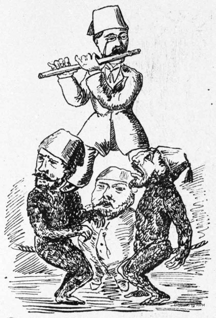 Abou-Naddara jouant de la flûte sur les épaules du Khédive et de ses ministres.