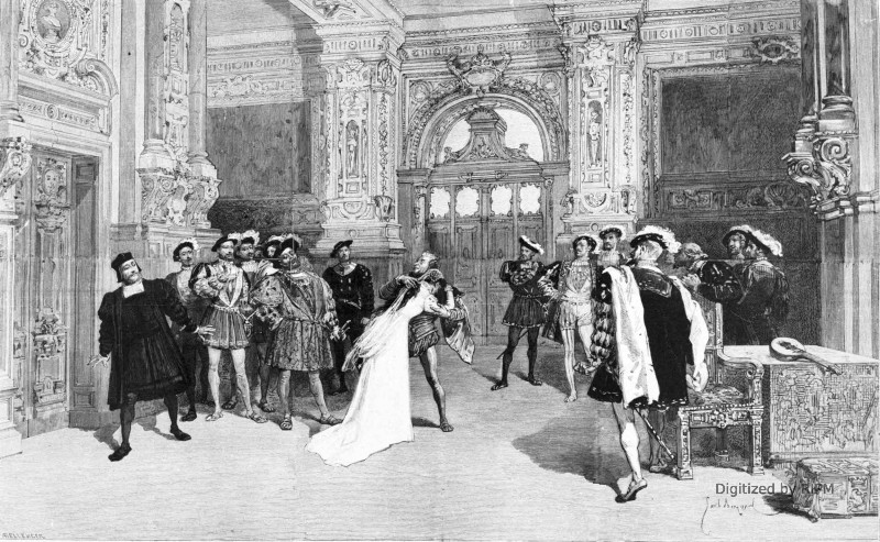 La reprise de : <em>Le roi s’amuse</em>, au Théâtre-Français. Blanche sortant de la chambre de François Ier. — Décor de MM. Rubé et Chapron.