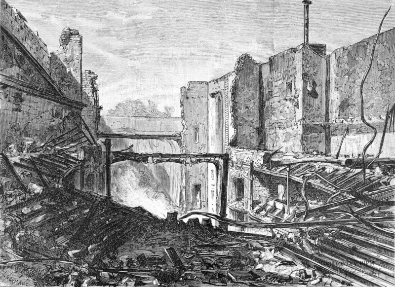 [L’incendie du théâtre de Tours. D’après les photographies de M. Paul Rochat.] Aspect de la salle et de la scène après le sinistre, vue prise de l’amphithéâtre.