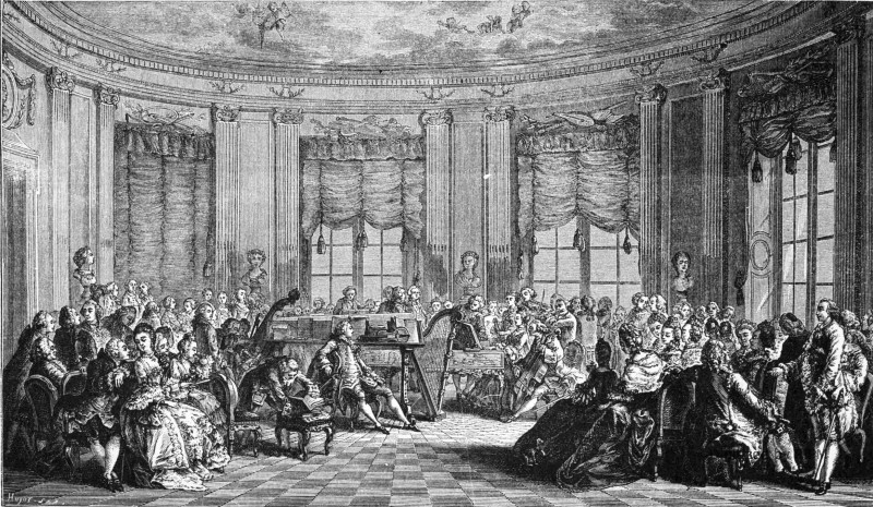 Le Concert, gravé par Duclos, d’après Saint-Aubin. Gravures extraites du <em>Dictionnaire historique et pittoresque du théâtre</em>, par Arthur Pougin. — Firmin- Didot et Cie, éditeurs.
