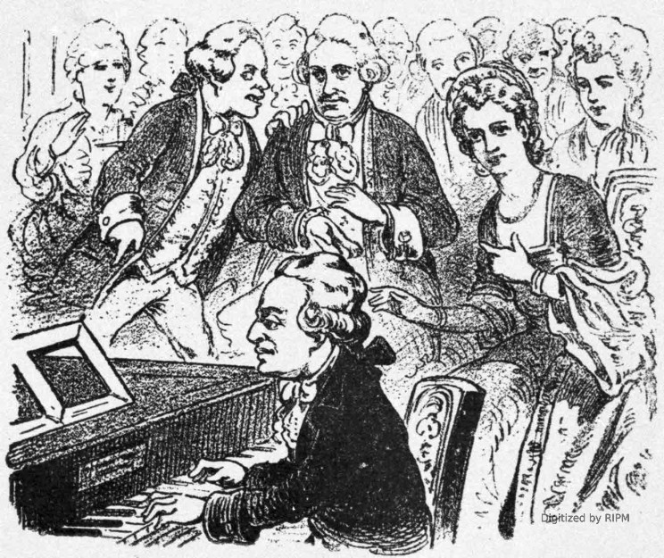 [Gravures extraites de : <em>Les Mœurs et la Caricature en Allemagne, en Autriche, en Suisse</em>, par J. Grand-Carteret. —L. Westhausser, éditeur à Paris.] Mozart jouait seul et sans accepter d’honoraires : il était applaudi par des centaines de spectateurs.