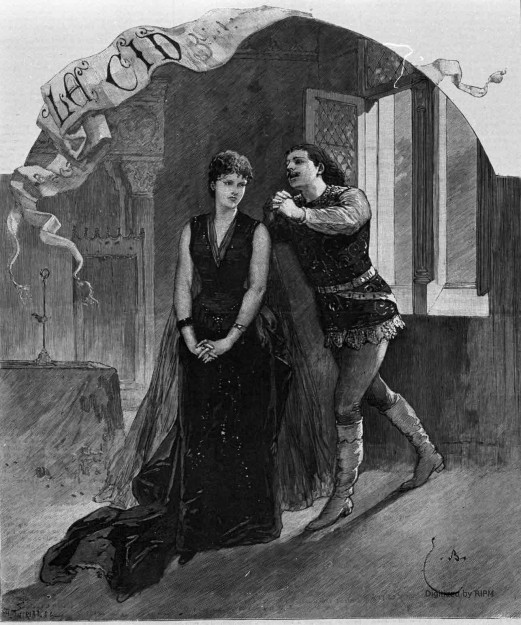 Théâtre de l’Opéra : <em>le Cid</em>, opéra en 4 actes et 10 tableaux, par M. Massenet. Le grand duo du 4e acte. — Chimène (Mme Fidès-Devriès ;  Rodrigue (M. Jean de Reszké).