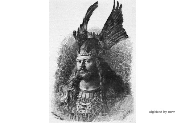 M. Lassalle. Rôle de Günther dans <em>Sigurd</em>, à l’Opéra. Dessin de M. Guth.