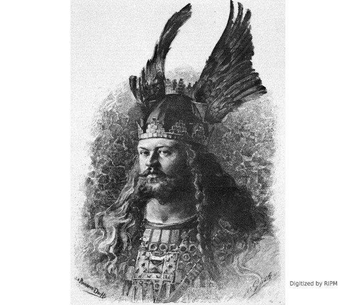 M. Lassalle. Rôle de Günther dans <em>Sigurd</em>, à l’Opéra. Dessin de M. Guth.