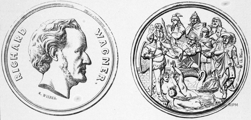 Médaille commémorative des fêtes de Bayreuth. Face. Revers. [Gravures extraites de <em>Richard Wagner, sa vie et ses œuvres, par M. Adolphe Jullien</em>. — J. Rouam, éditeur.]