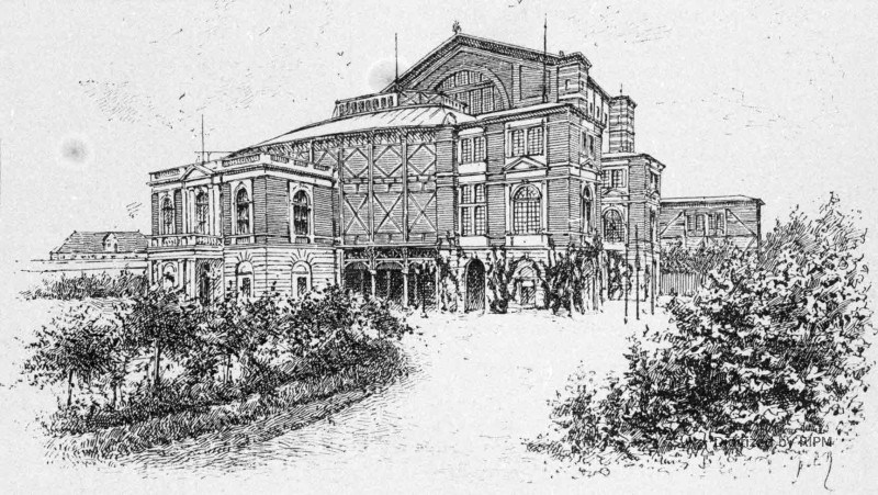 Le Théâtre de Bayreuth. Son état actuel, avec l’avant-corps rectangulaire ajouté en 1882. [Gravures extraites de <em>Richard Wagner, sa vie et ses œuvres</em>, par M. Adolphe Jullien. — J. Rouam, éditeur.]