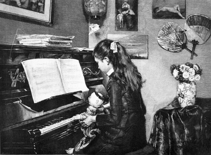 La leçon de piano. Peint par E. Prévost.