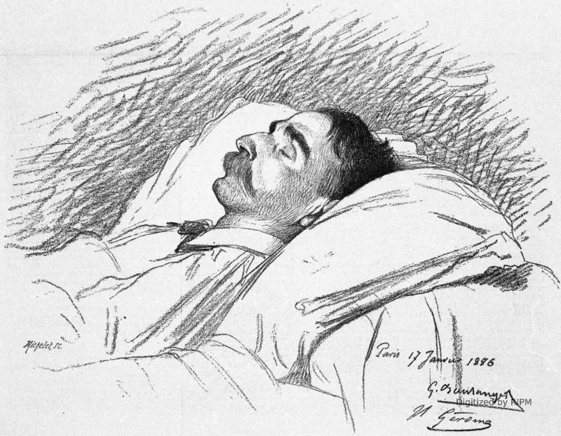Paul Baudry sur son lit de mort. — Dessin de MM. Gérôme et Boulanger.