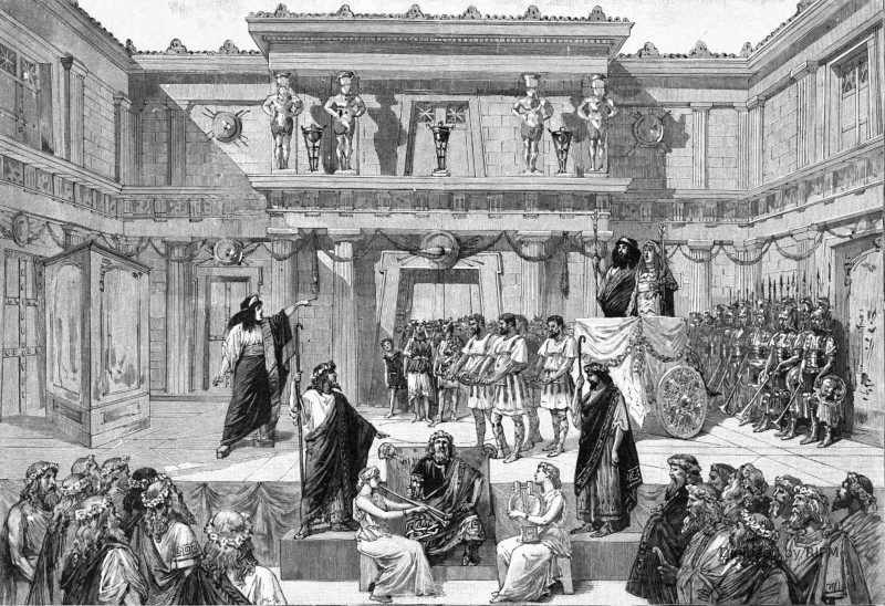 La représentation de gala organisée à l'Opéra par le comité des fêtes du commerce et de l’industrie. Restitution du Théâtre antique : Agamemnon rentrant dans son palais avec Cassandre, sa captive.