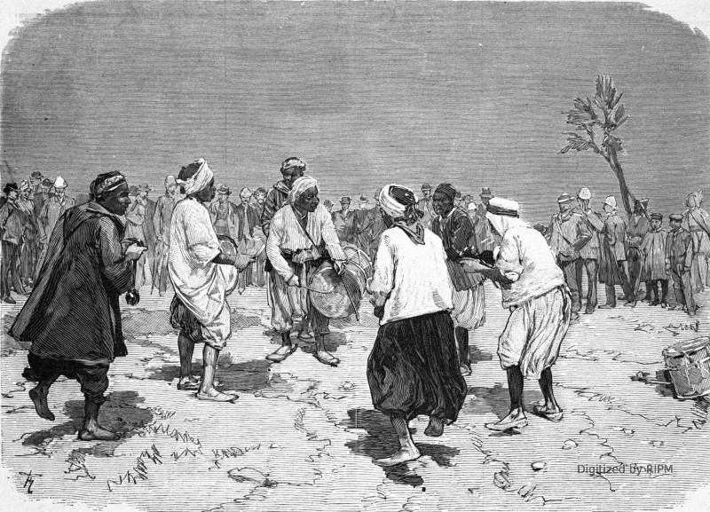 Une excursion des alpinistes français en Algérie... 2. Bouzarea : une danse de nègres. — D’après des photographies communiquées l'Illustration, par M. Lemercier.