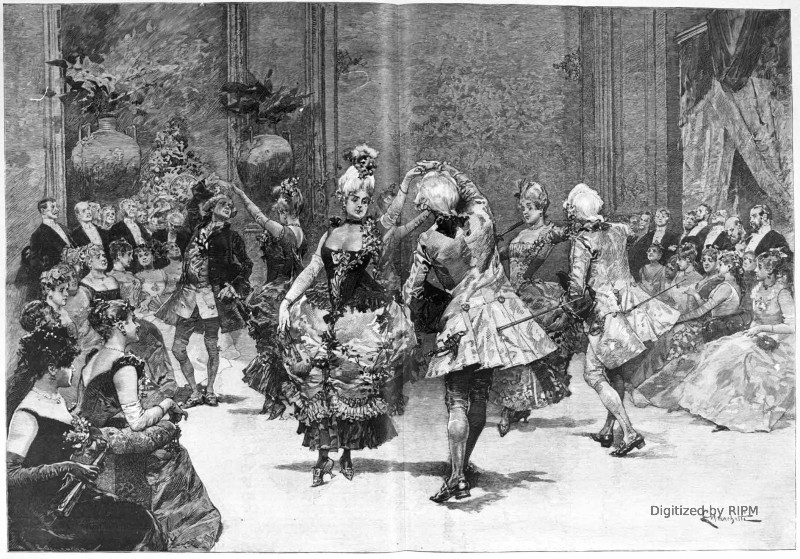Le Menuet. Restitution des anciennes danses dans les salons parisiens. Dessin d’après nature, par M. Marchetti.