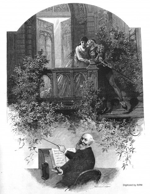<em>Roméo et Juliette</em> à l'Opéra. Acte II. Roméo : M. J. de Reszké ;  Juliette : Mme Patti. — M. Gounod conduisant l’orchestre.