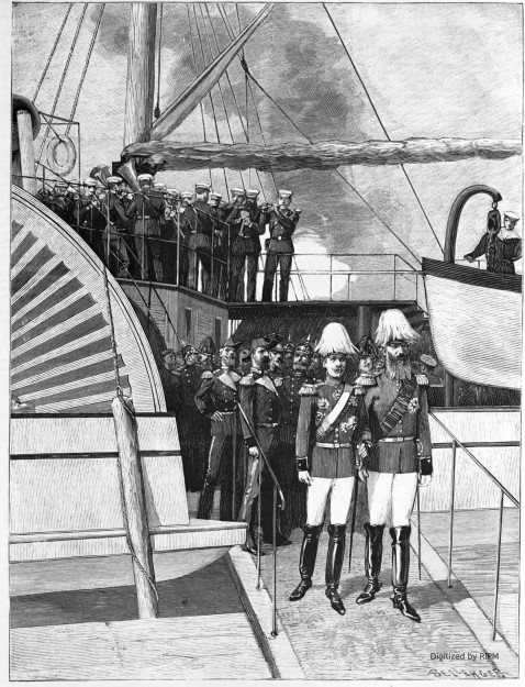 Le voyage de l’empereur d’Allemagne. — L’empereur et le roi des Belges débarquant du Hohenzollern, à Ostende. Photographie Le Bon, à Ostende.