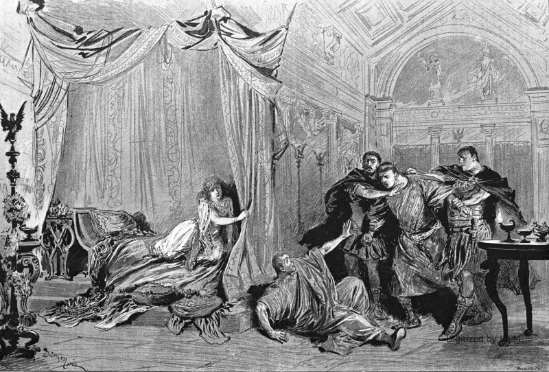 Théâtre de la Porte-Saint-Martin. — <em>Cléopâtre</em>. — Cléopâtre écoutant, cachée derrière un rideau, les accusations portées contre elle par les amis d’Antoine (4e tableau).