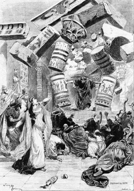 Nouveau Théâtre-Lyrique. — <em>Samson et Dalila</em>, opéra en trois actes, paroles de M. F. Lemaire, musique de M. C. Saint-Saëns. Samson (M. Talazac) renversant les colonnes du temple (3e acte).