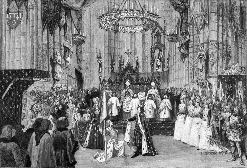 Théâtre de la Porte-Saint-Martin. — <em>Jeanne d’Arc</em>, drame-légende en trois parties et six tableaux, de M. Jules Barbier. Le roi Charles VII armant Jeanne d’Arc chevalier, dans la cathédrale de Reims (4e tableau).