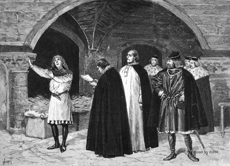 Théâtre de la Porte-Saint-Martin. — Le greffier lisant à <em>Jeanne d’Arc</em> dans sa prison la sentence de mort.