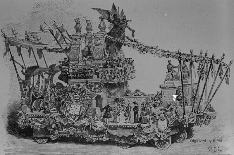 Le cortège historique : char du XVIIIe siècle. — D’après la maquette originale de MM. Amable et Gardy.
