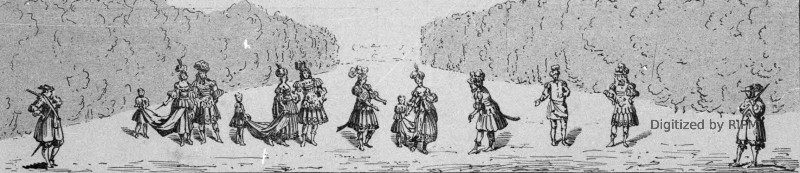 Une scène du ballet de <em>la Princesse d’Élidé</em>, représenté en 1664 sur le théâtre élevé dans le parc de Versailles. — D’après la gravure d’Israël Silvestre.