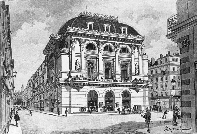 La reconstruction de l'Opéra-Comique. — Vue de la façade sur la place Boieldieu, dans le projet de MM. Duvert et Charpentier.