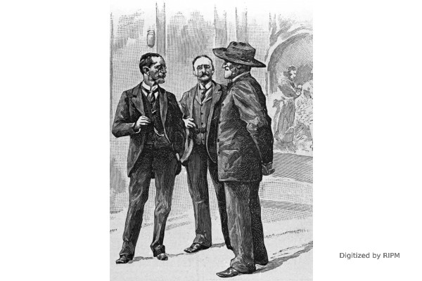 G. Ricordi. A. Boïto. G. Verdi. La représentation de <em>Falstaff</em> à Milan. Le maëstro, le librettiste et l’éditeur de <em>Falstaff</em>, au théâtre de la Scala. D’après un dessin de notre correspondant, M. Bencetti.