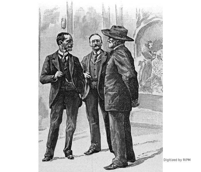 G. Ricordi. A. Boïto. G. Verdi. La représentation de <em>Falstaff</em> à Milan. Le maëstro, le librettiste et l’éditeur de <em>Falstaff</em>, au théâtre de la Scala. D’après un dessin de notre correspondant, M. Bencetti.