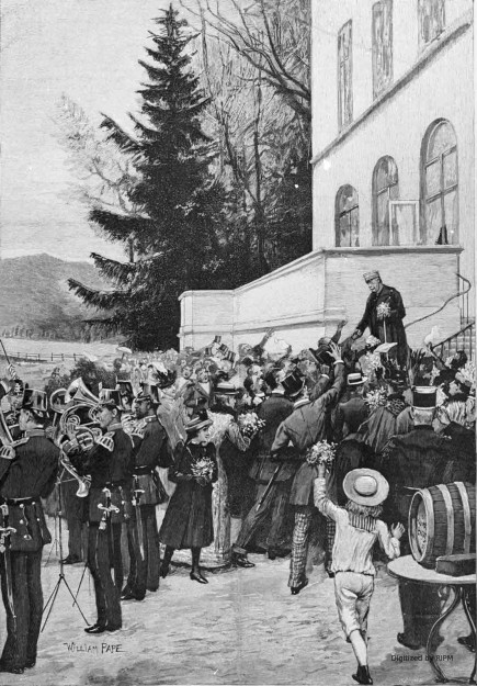 Le 78e anniversaire du prince de Bismarck. — Le prince acclamé par la foule devant la terrasse du château de Friedrichsruh. — Dessin d’après nature de notre correspondant, M. William Pape.