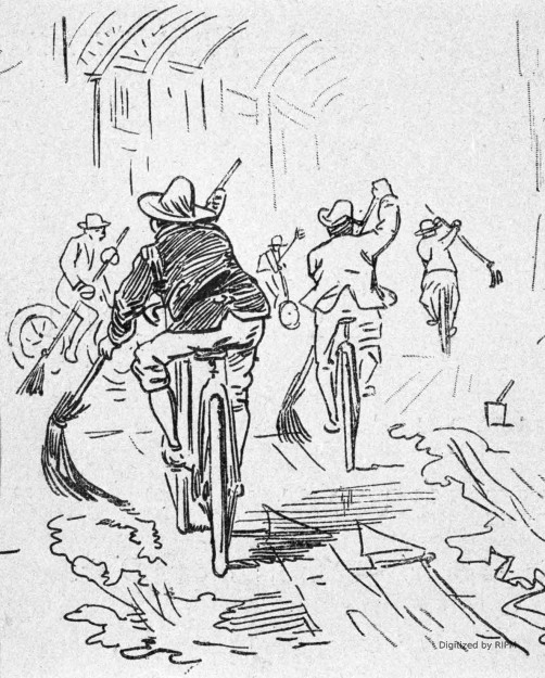 Peintres-décorateurs se servant de la bicyclette pour brosser à toute vitesse les décors nécessaires à l’Opéra.