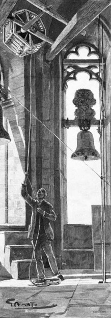 La « Matraca » dans le clocher de la cathédrale de Barcelone. — Phot. Ramon Ruiz.
