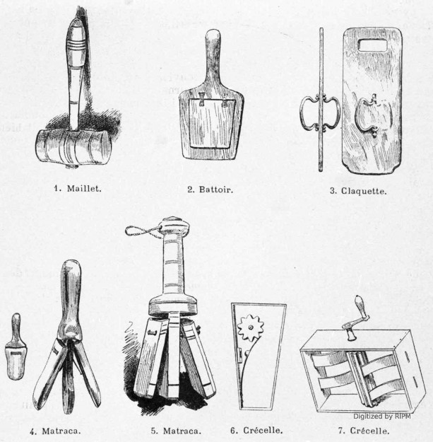 Instruments destinés à remplacer les cloches. 1. Maillet. 2. Battoir. 3. Claquette. 4. Matraca. 5. Matraca. 6. Crécelle. 7. Crécelle.